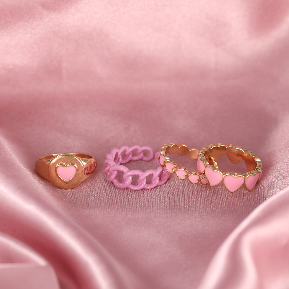 Cross-border Ins New Style Pink Love Heart-shaped Ring Set Creative Sweet Peach Heart Drop Oil Ring Color Retention Four-piece Set display picture 3