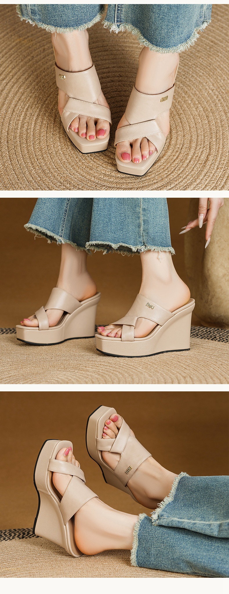 Sandal nữ hở mũi da bò đế xuồng cao gót mùa hè phong cách Âu Mỹ — màu nâu chi tiết 4