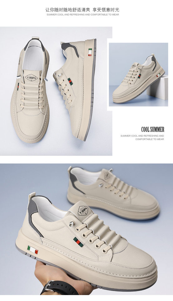 Giày da nam cổ thấp đế bằng, sneaker da bò mũi tròn phối dây thun, đế mềm thoáng khí — PZ7775 Màu nâu, PZ7775 màu be, PZ7775 màu trắng, PZ7775 màu đen chi tiết 19