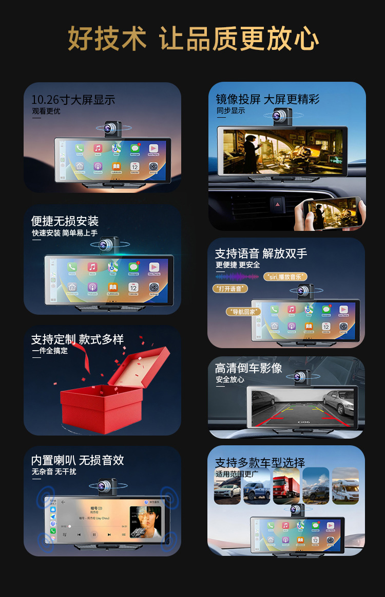 Cross-Border Hot-Selling Car Navigation Wireless Carplay Portable Dashcam 10.26inch Universal for Central Control Cars