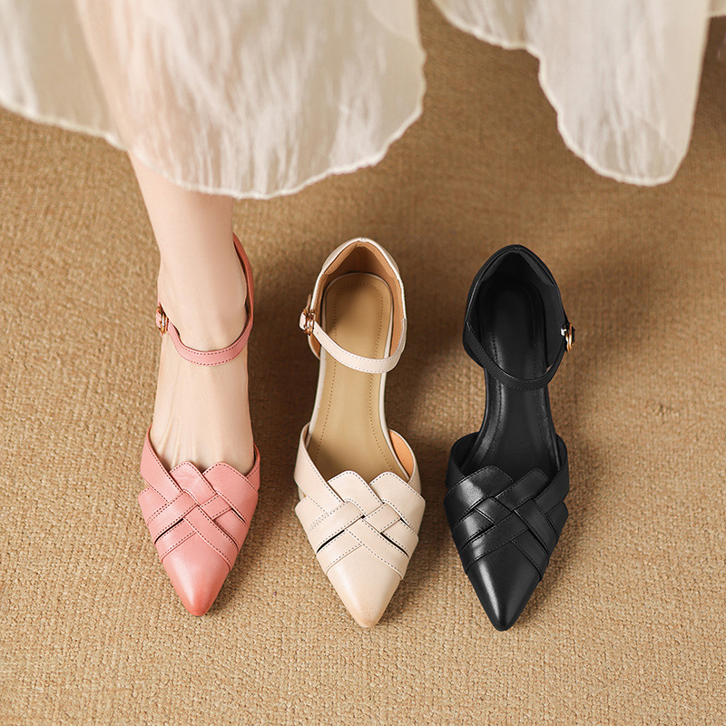 Giày sandal cao gót nữ quai ngang mũi nhọn da cừu gót 5,5 cm — đen chi tiết 1