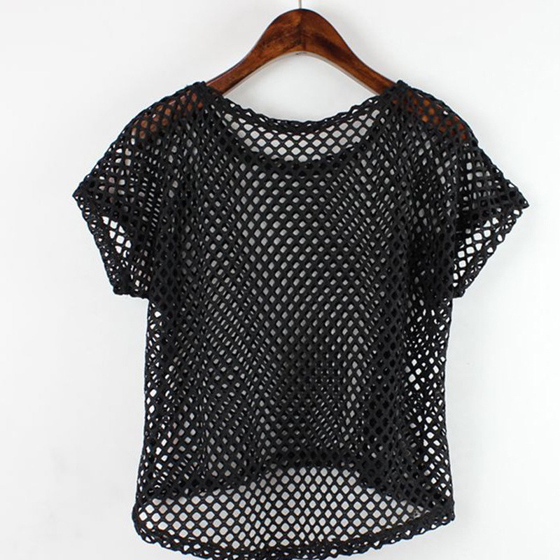 Summer New Korean Style Mesh Shirt Short-Sleeved T-Shirt Top Pullover Loose Lace Short Hollow-Out Blouse for Women