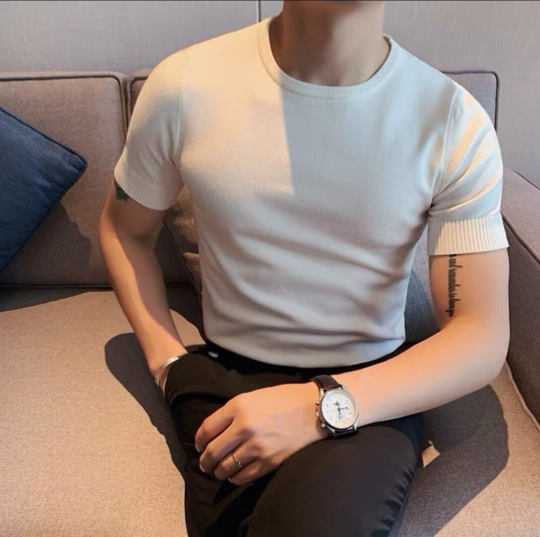 화이트 코튼 바텀 셔츠 남성용 반팔 하프 터틀넥 슬림 라운드 넥 얇은 밀착 슈트 이너 미드 칼라 티셔츠