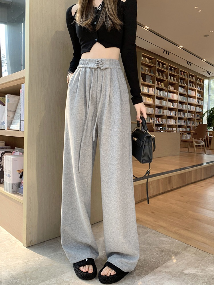 Gray wide-leg pants for women, autumn new style, plus-size, with drawstring, high-waisted, flowing, straight-leg, floor-length, casual sweatpants