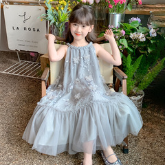 女童無袖連衣裙2024夏季新款兒童洋氣公主裙女大童蓬蓬紗吊帶裙子