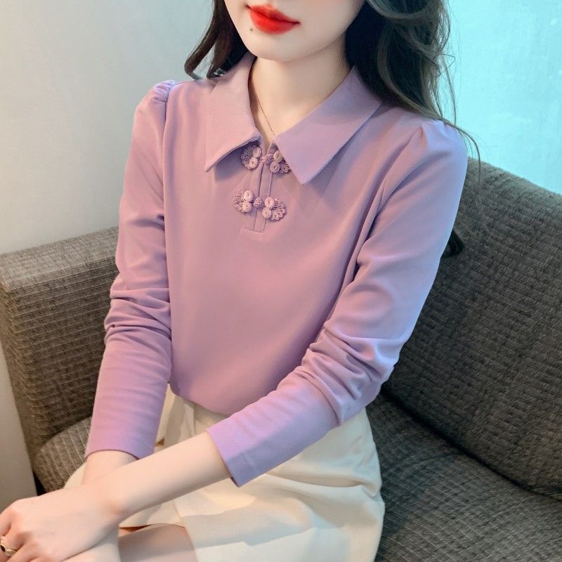 Chinoiserie National Style Buckle Polo Collar T-Shirt Women's Long-Sleeved Early Autum 2025 New Versatile Slim Bottoming Top Chinoiserie National Style Buckle Polo Collar T-Shirt Women's Long-Sleeved Early Autum 2025 New Versatile Slim Bottoming Top