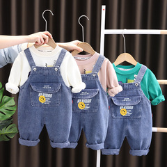子供服春と秋の新型男女子供カジュアルデニムの背もたれのズボン2点セットの赤ちゃんの丸首のガードルの長袖セット