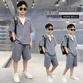 男童格子套装夏装2026夏季新款时尚痞帅格子衬衫两件套中大童洋气