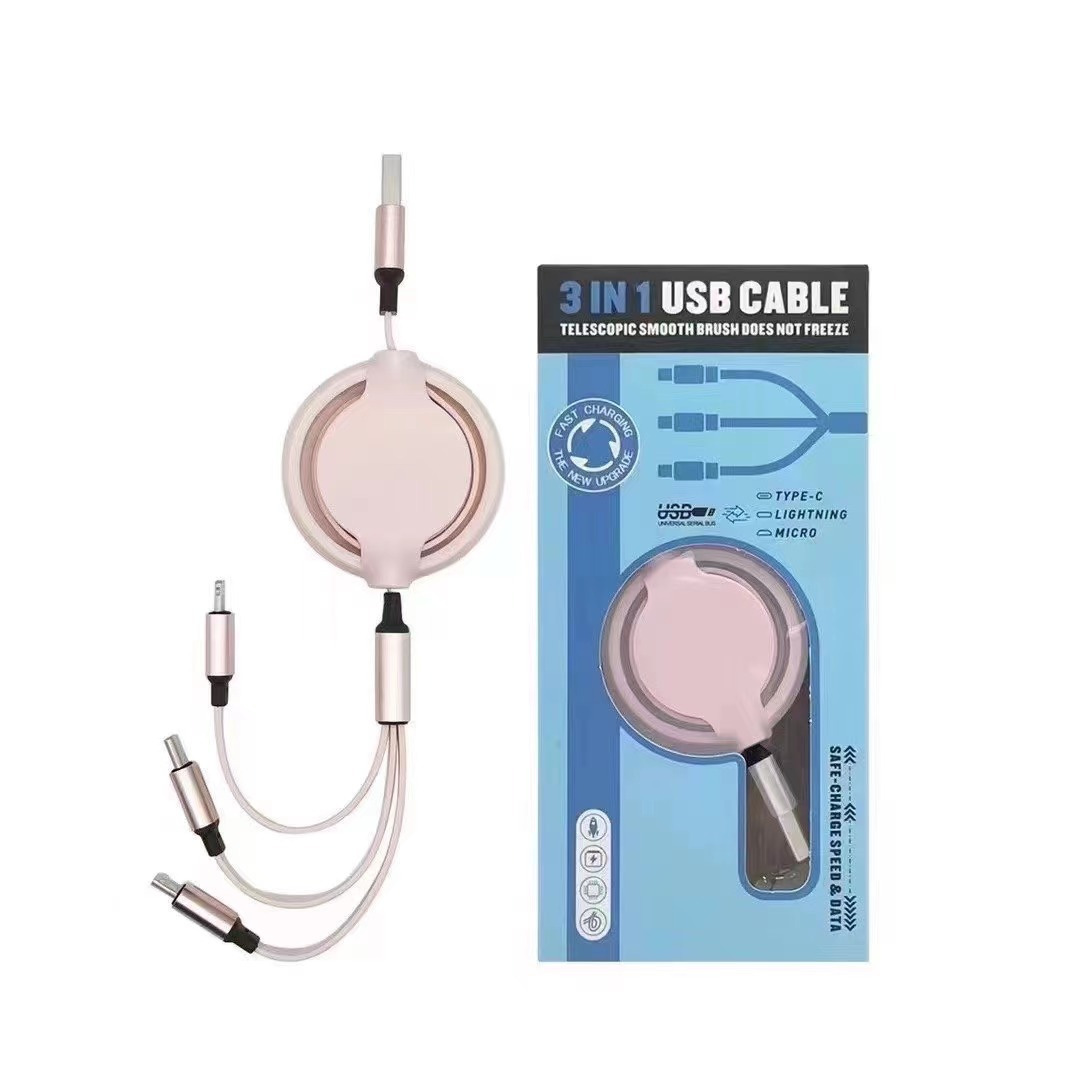 100W carga súper rápida, uno para tres cables de datos, cable de carga telescópico tres en uno, logotipo de regalo, carga de coche