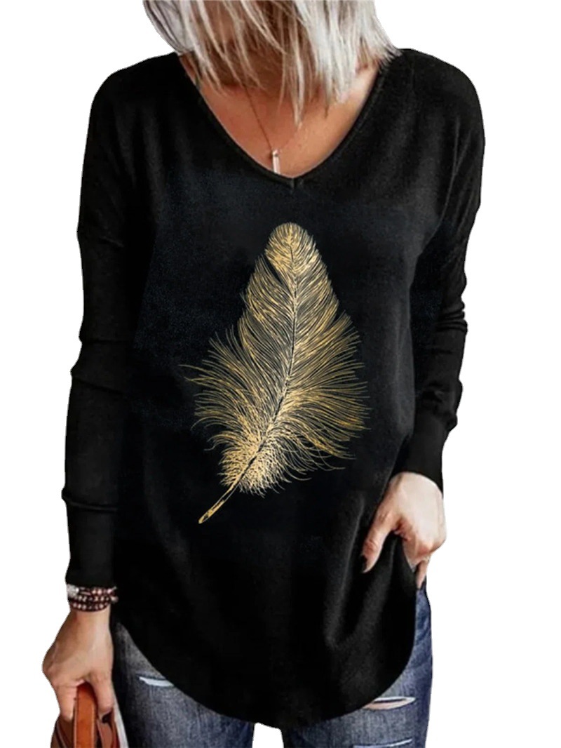 Women's Casual V-neck Bottoming Long-sleeved Printed T-shirt