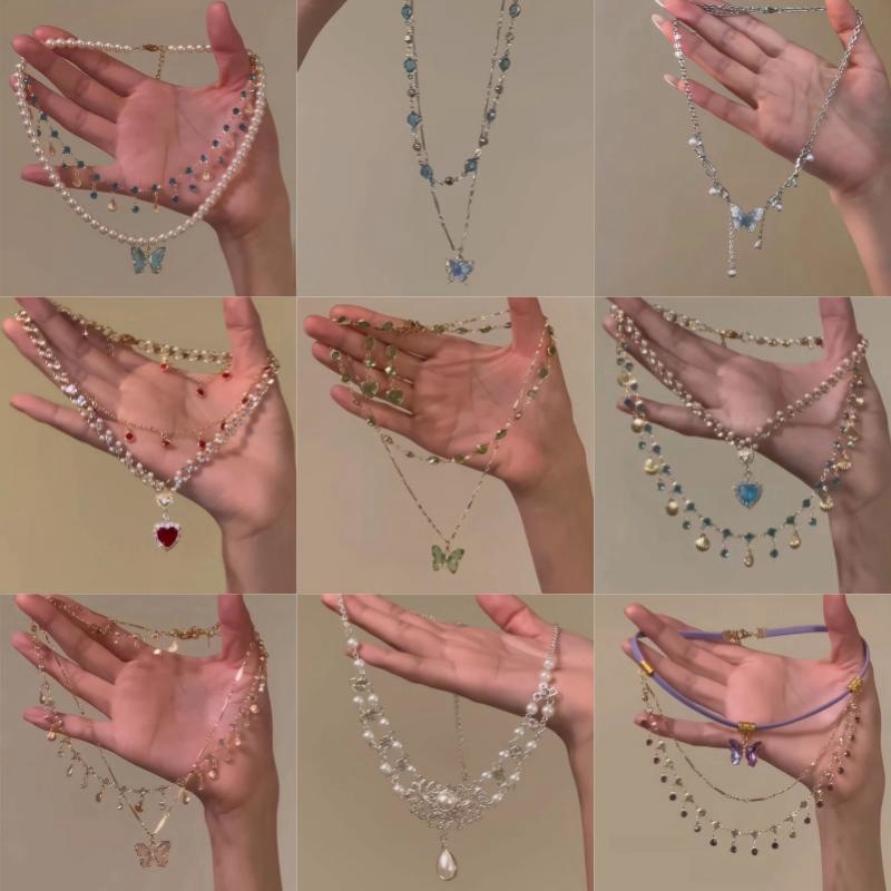 Pink Butterfly Lanfu-Spring and Summer Color Butterfly Stacked with Tassel Necklace Women's Escaping Princess Light Luxury Exquisite Necklace