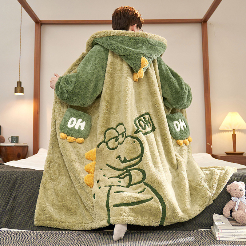 冬季珊瑚绒连帽睡袍男长款加绒加厚睡衣大码200斤家居服套装保暖|undefined