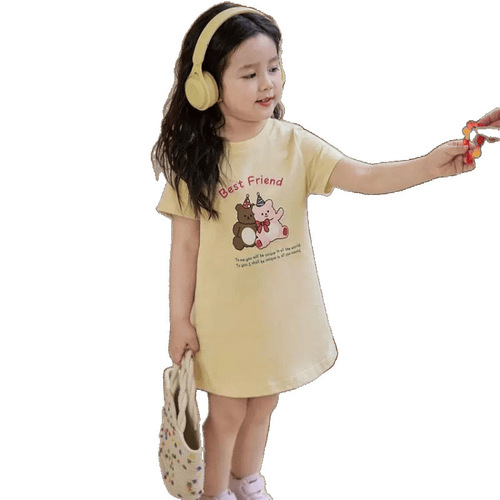 Children's pure cotton T-shirt dress for girls, summer short-sleeved dress, stylish long dress for girls, baby summer casual dress