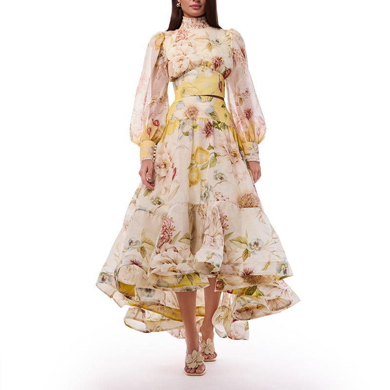 Vintage Oil Painting Style Printed Set 2026 Autumn New High Collar Puff Sleeve Waist-Cinching Top + Flared Skirt Vintage Oil Painting Style Printed Set 2026 Autumn New High Collar Puff Sleeve Waist-Cinching Top + Flared Skirt