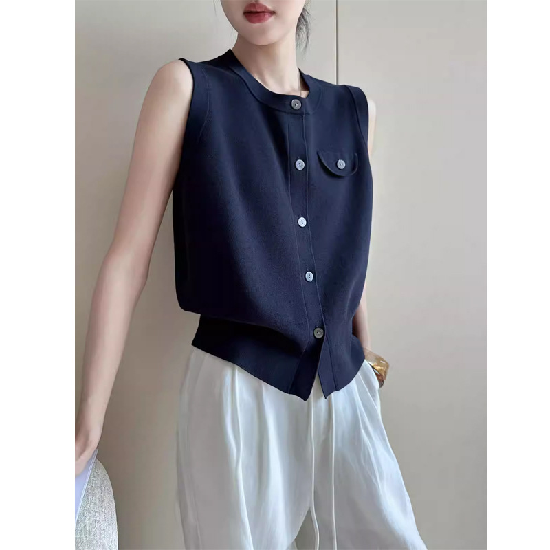 Áo cardigan len dệt kim nữ cổ tròn không tay dáng ôm — màu xanh hải quân chi tiết 4