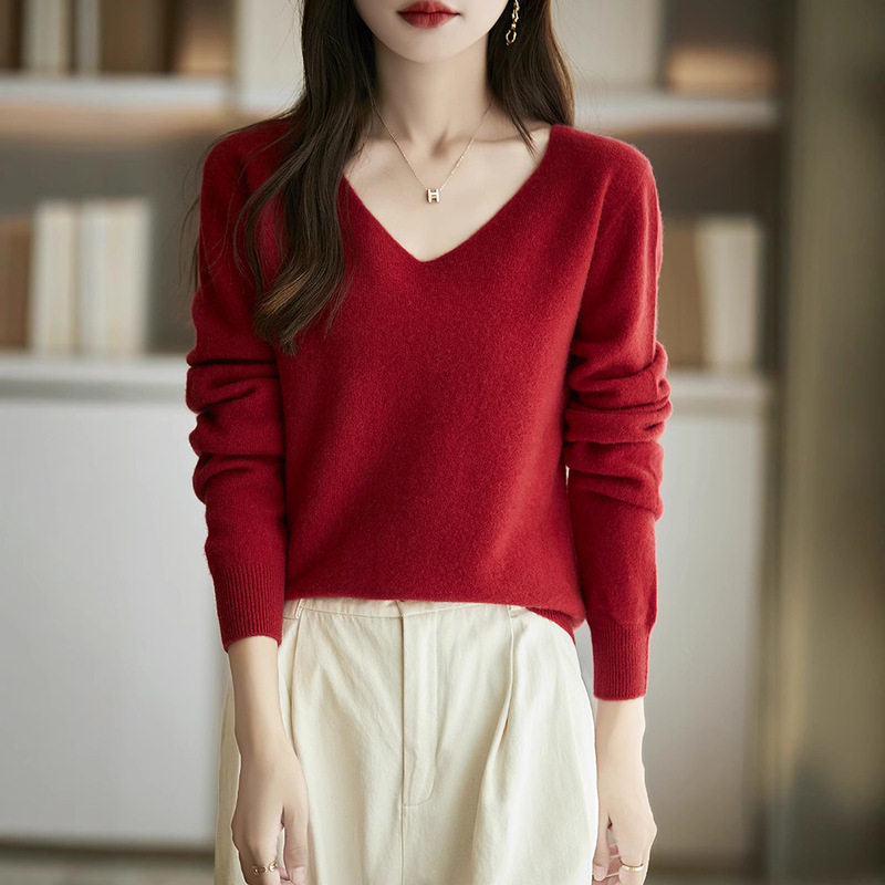 Cross-Border First-Line Ready-To-Wear Seamless Knitwear for Women 2025 New Autumn and Winter V Neck Long-Sleeved Knitwear with Pullover Base