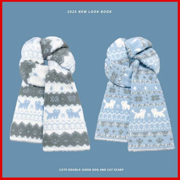 Korean-Style Fair Isle Cat Double-Sided Jacquard Scarf for Women, Autumn and Winter, Sweet and Cozy Atmosphere, Warm Knitted Neck Scarf for Students