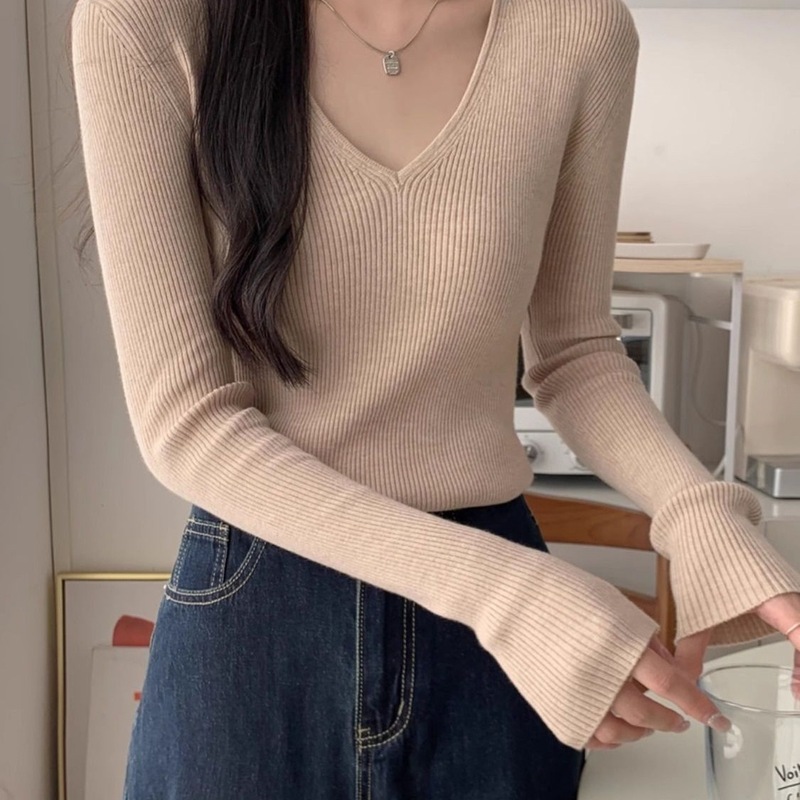 秋冬季修身上衣内搭长袖锁骨漏领针织毛衣女别致坑条纯欲打底衫|undefined