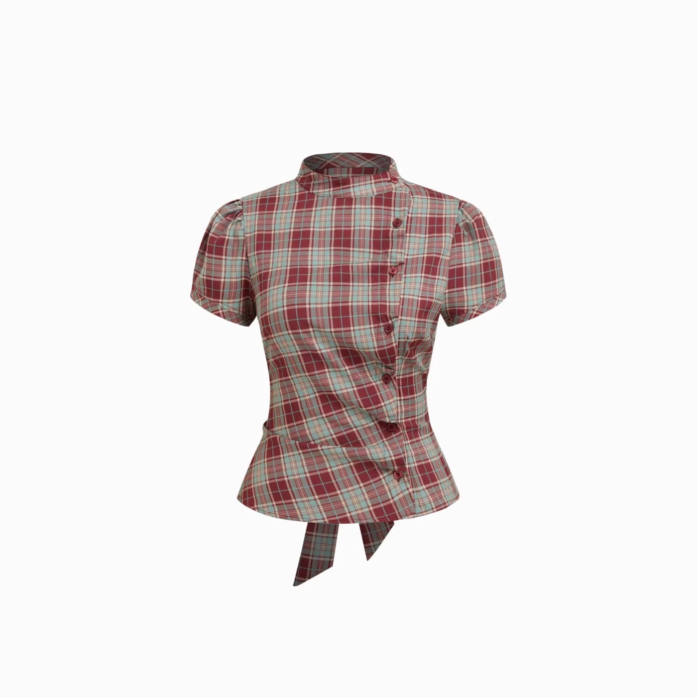 Korean-Style Retro Color-Block Plaid Stand-Collar Short-Sleeve Shirt for Women, with Waist-Tie, Puff Sleeves, Slim Fit, Versatile Top