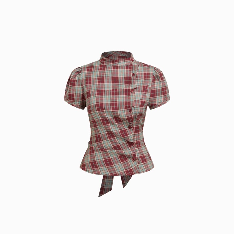 Korean-Style Retro Color-Block Plaid Stand-Collar Short-Sleeve Shirt for Women, with Waist-Tie, Puff Sleeves, Slim Fit, Versatile Top
