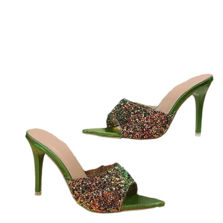 2024 Summer New European And American Style Sequin Sandals For Women, Open-Toe Stiletto Fashion High-Heel Shoes_vogvips.com