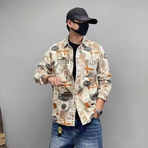 Retro full print trend design long-sleeved shirt spring and autumn men's graffiti casual artistic print shirt coat