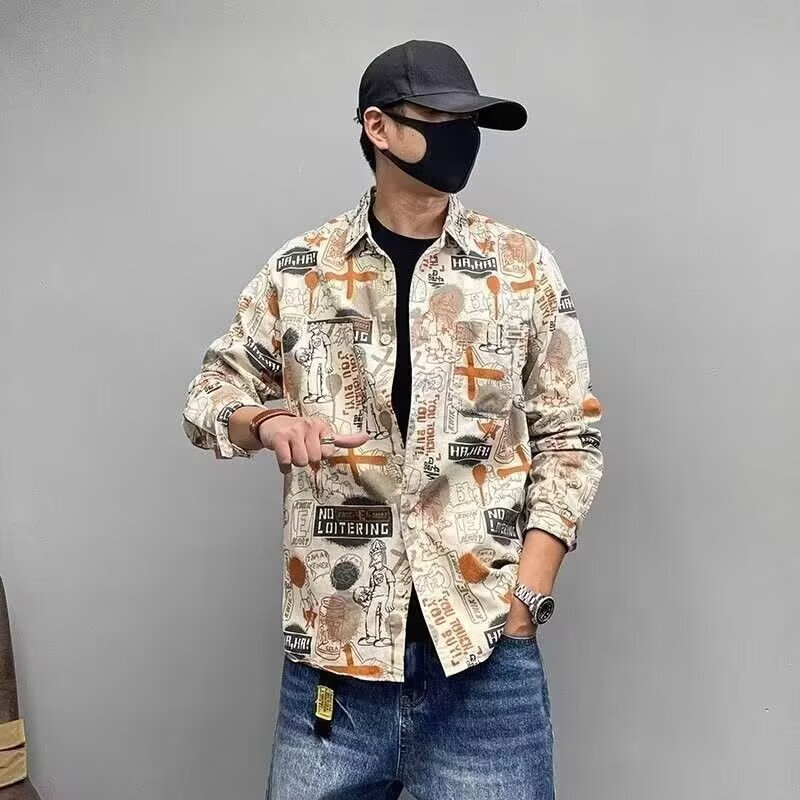 Retro All-Over Printed Trendyy Design Long-Sleeved Shirt Spring & Fall Men's Graffiti Casual Literary Printed Shirt Jacket
