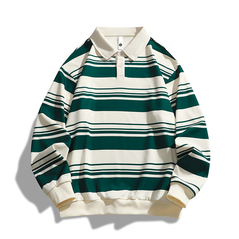 クロスボーダーメンズTシャツ春秋ポロストライプスウェットシャツ暖かいゆったり秋ラペル長袖万能長袖Tシャツ|undefined
