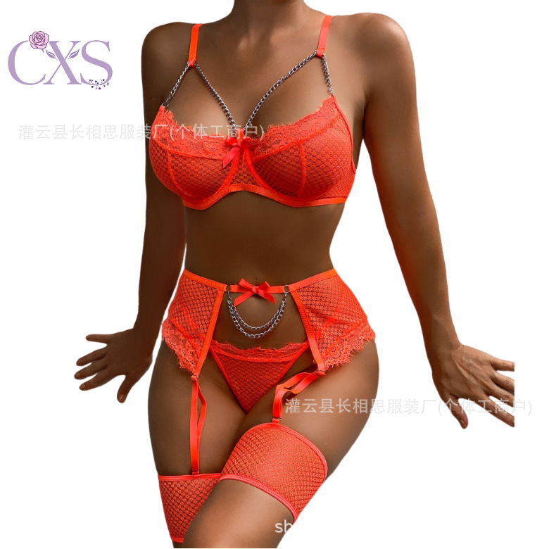 Cross-Border European and American See-Through Erotic Lingerie Mesh Lace Sexy Three-Piece Lingerie Set Passionate Split-Style Lingerie Cross-Border European and American See-Through Erotic Lingerie Mesh Lace Sexy Three-Piece Lingerie Set Passionate Split-Style Lingerie