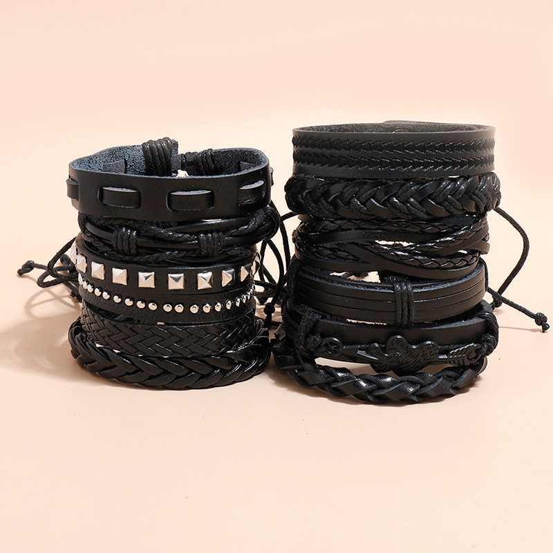 punk style multi-layer woven leather bracelet 12-piece set