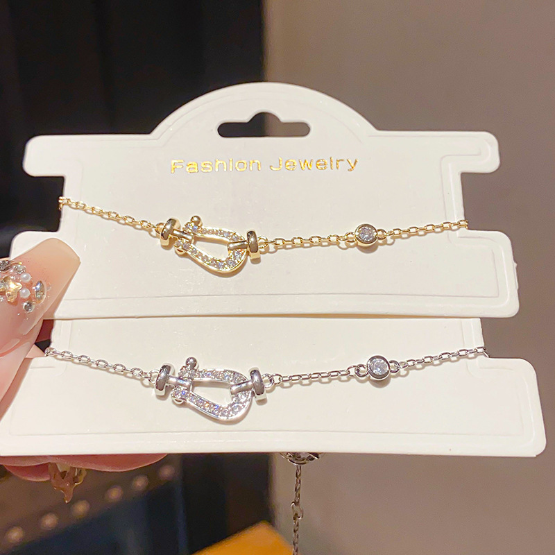 18K Real Gold Electroplating Accessible Luxury Diamond-Encrusted Asymmetrical Geometric U-Shaped Bracelet Exquisite Elegant Niche High-End Hand Jewelry for Women