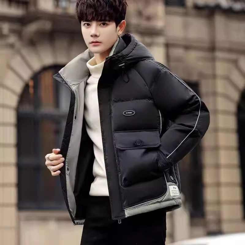 겨울 다운 재킷 남자의 후드 짧은 유행 잘 생긴 느슨한 흰 오리 다운 따뜻한 재킷 청소년 겨울 옷