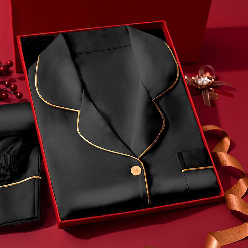 Black High-end Ice Silk Pajamas Men's Spring and Summer Solid Color Loose Home Clothes Can Be Wearing High-end Gift for Boyfriend