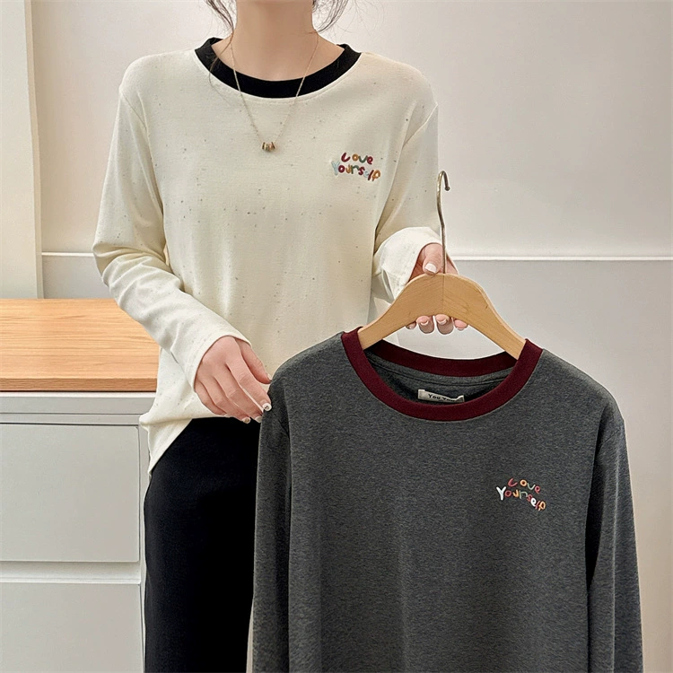 2025 Новый стиль большой размер женский топ толстый MM повседневный дикий цвет с круглым вырезом с вышивкой с длинными рукавами футболка 926