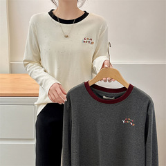 2025 Spring New Large Size Women's Top Fat MM Casual Versatile Contrast Color Round Collar Letter Embroidered Long Sleeve T-shirt 926