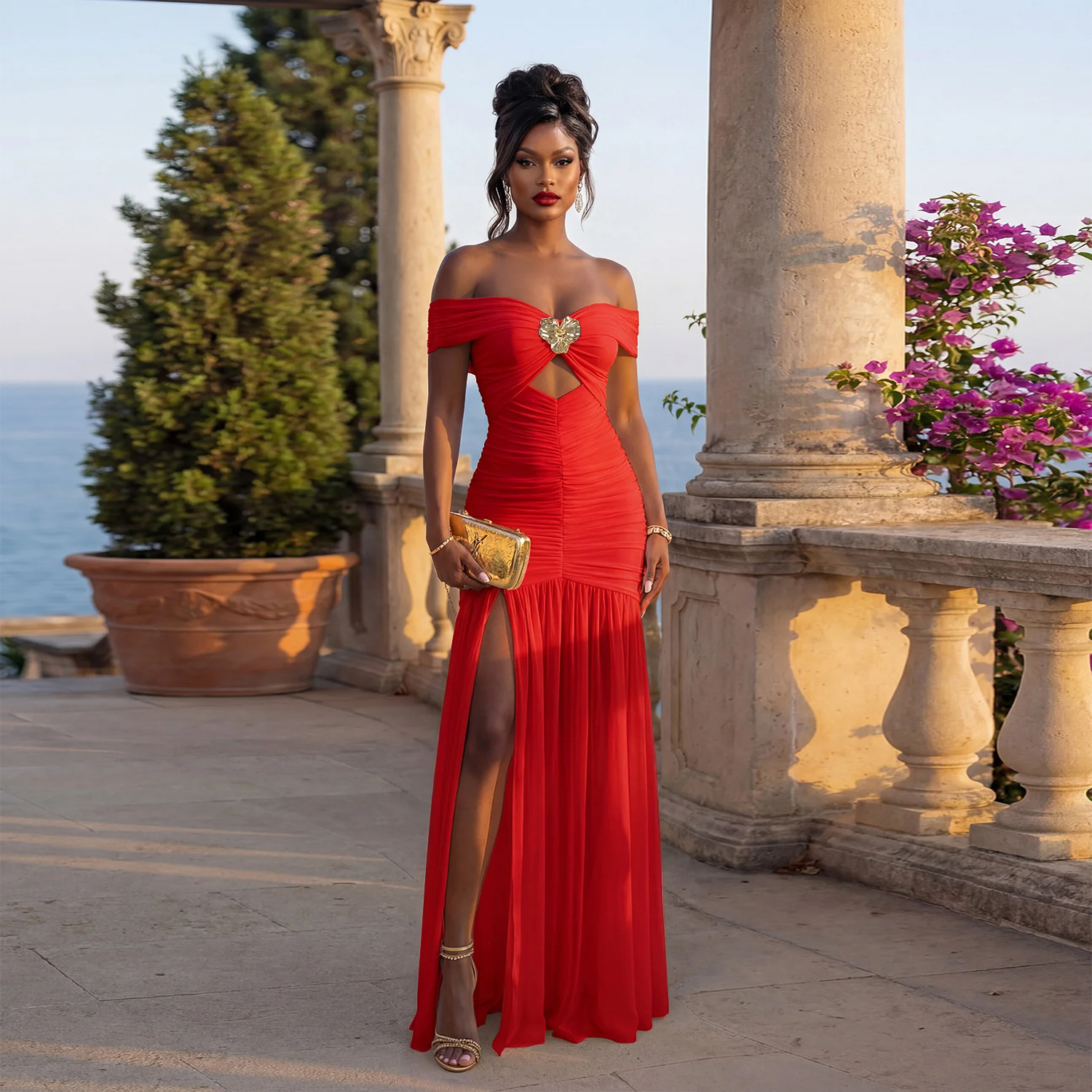 C7661 Aliexpress transfronterizo Amazon Europa y América moda femenina sexy un hombro alto vestido de pecho bifurcado