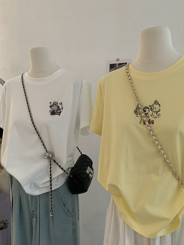 Omalai アニメ漫画刺繍柄ラウンドネック半袖ストレートショルダー Tシャツトップ夏韓国語版女性 4015|undefined