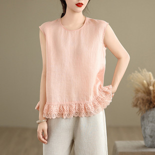 Real Shot of Summer Large Size New Style Artistic Vest Spliced ​​With Lace Ruffles Retro Loose Round Neck Top for Women