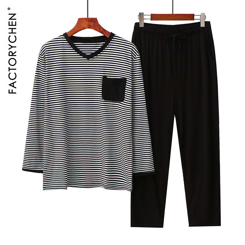 Spring and Autumn Knitted Cotton Japanese-Style Striped Color-Block Pocket Couple's Home Pajama Set, Soft and Comfortable for Spring