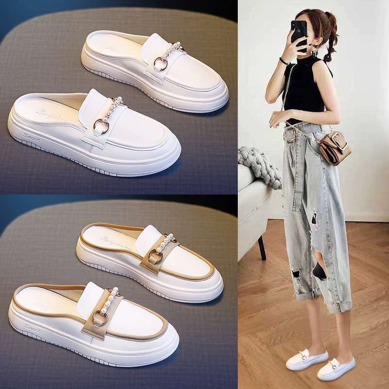 Baotou Half Slippers for Women 2025 New Summer Outer Wear Lazy Shoes One-Leg Loafers Super Popular White Shoes