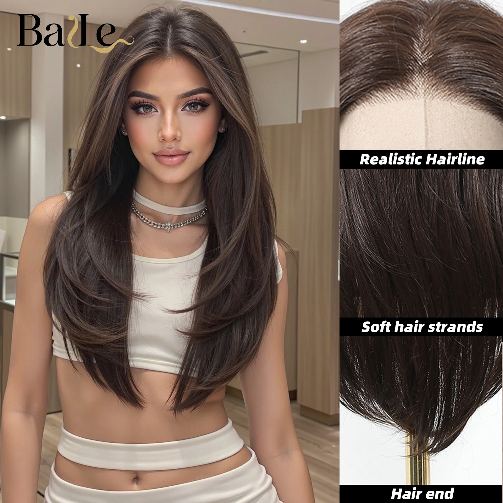 Peruca 13 * 6 gran área de encaje cubierta de cabeza marrón oscuro cabello largo medio cualquier costura exclusiva a través de la frontera