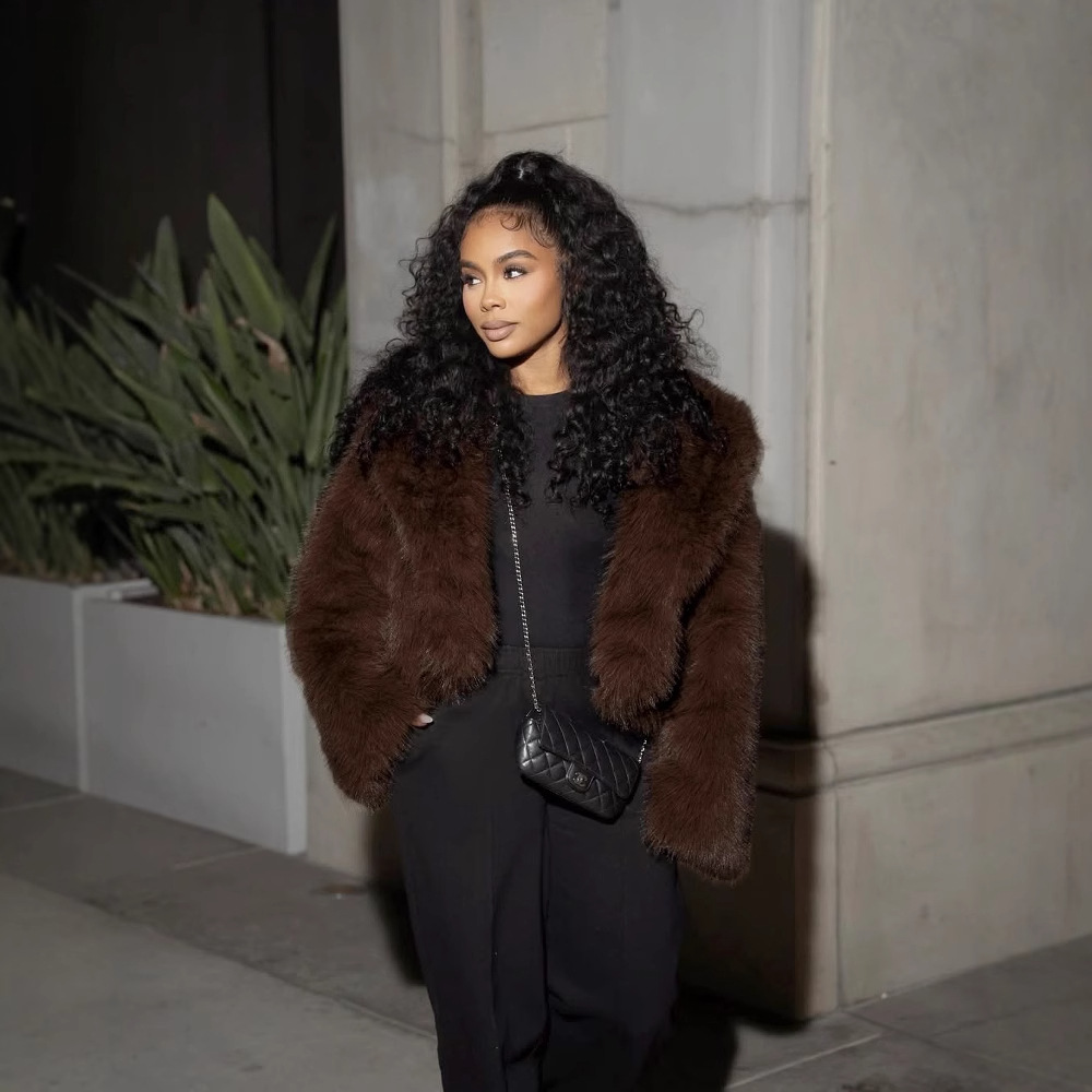 24015跨境仿皮草秋冬欧美酒红环保水貂毛绒加厚短外套上衣深咖色