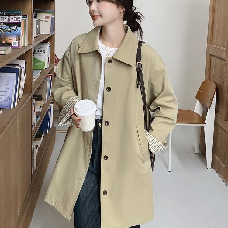 卡其色休闲韩系小个子风衣外套女2025新款春秋设计宽松显瘦中长款|undefined