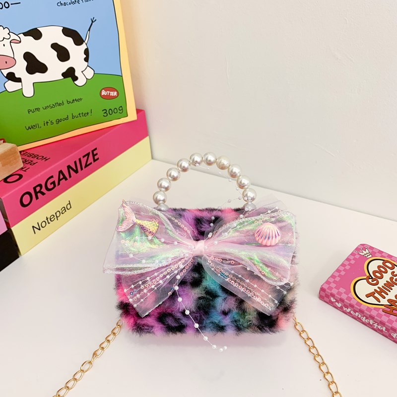 Nuevo leopardo arco bolso infantil peluche princesa de dibujos animados chica bolso de perlas bolso de hombro monedero