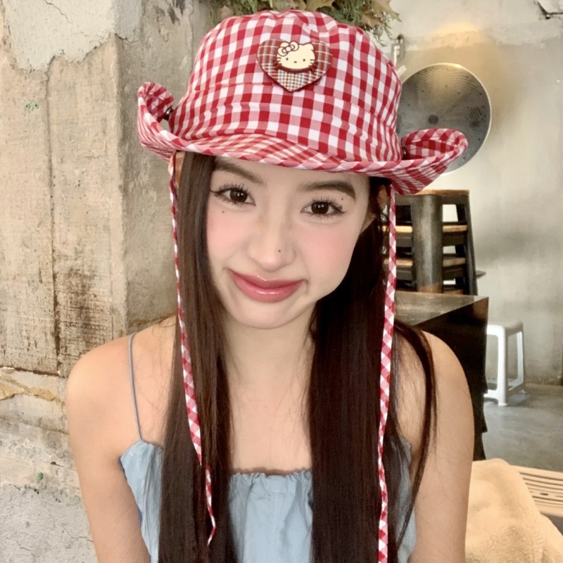 HelloKitty red plaid love fisherman hat sun protection cute sweet…