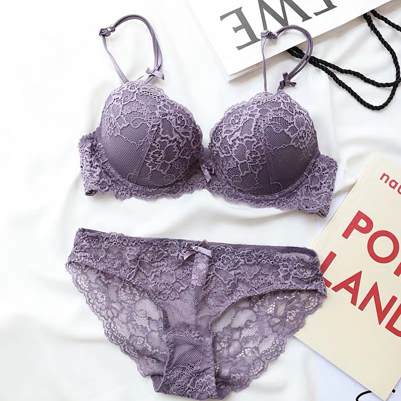 Ensemble de soutien-gorge sexy en dentelle avec bonnet en éponge épais et bas fin pour femme_voghion.com