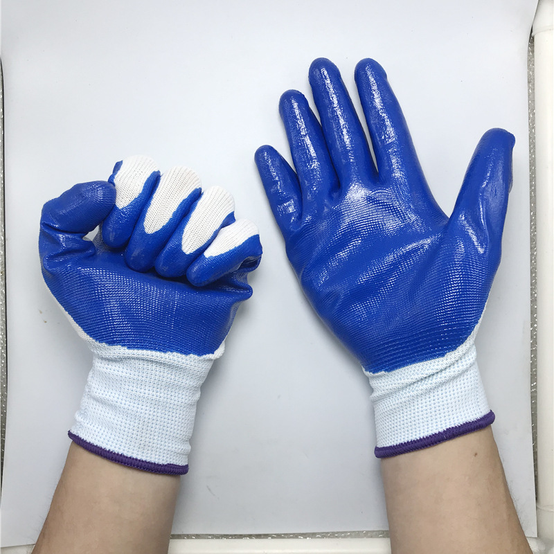 Labor protection gloves 13 needle nitrile n518 nylon dipped gloves coated palm semi-rubber gloves wholesale nitrile gloves