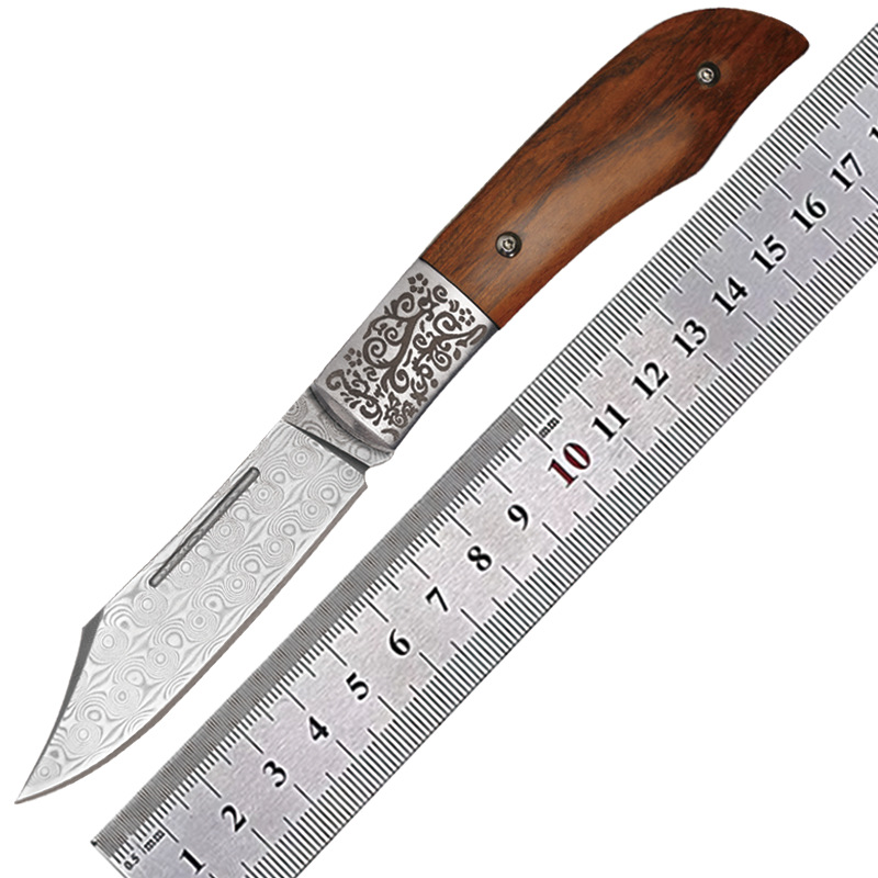 工厂直销新款大马士革钢刃材折叠小刀乌木手柄户外多功能锋利小刀