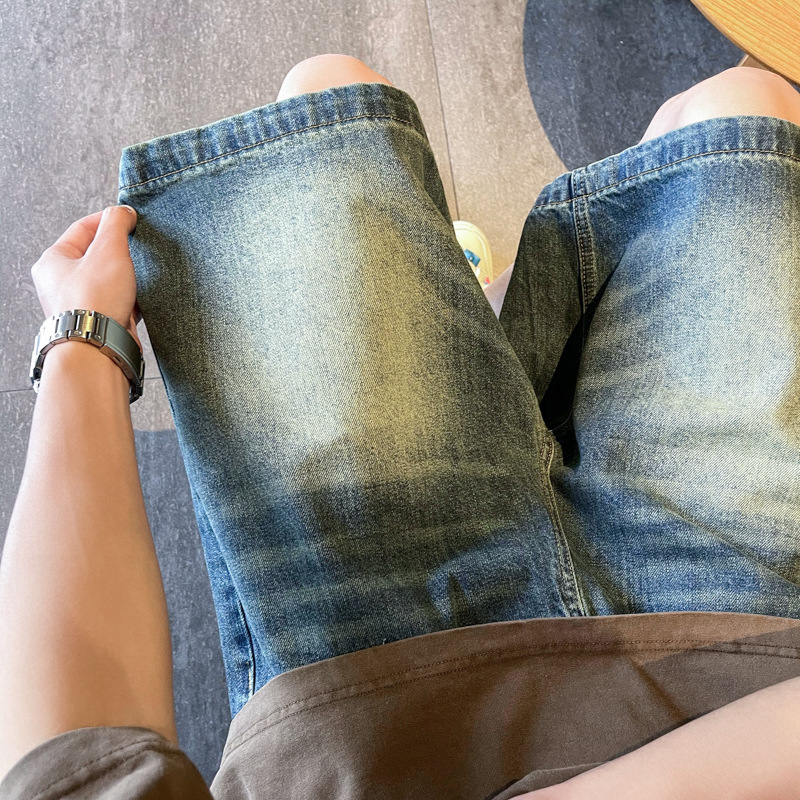 Pantalones cortos de mezclilla rasgados de estilo fino de verano pantalones sueltos retro vibe americanos para hombre