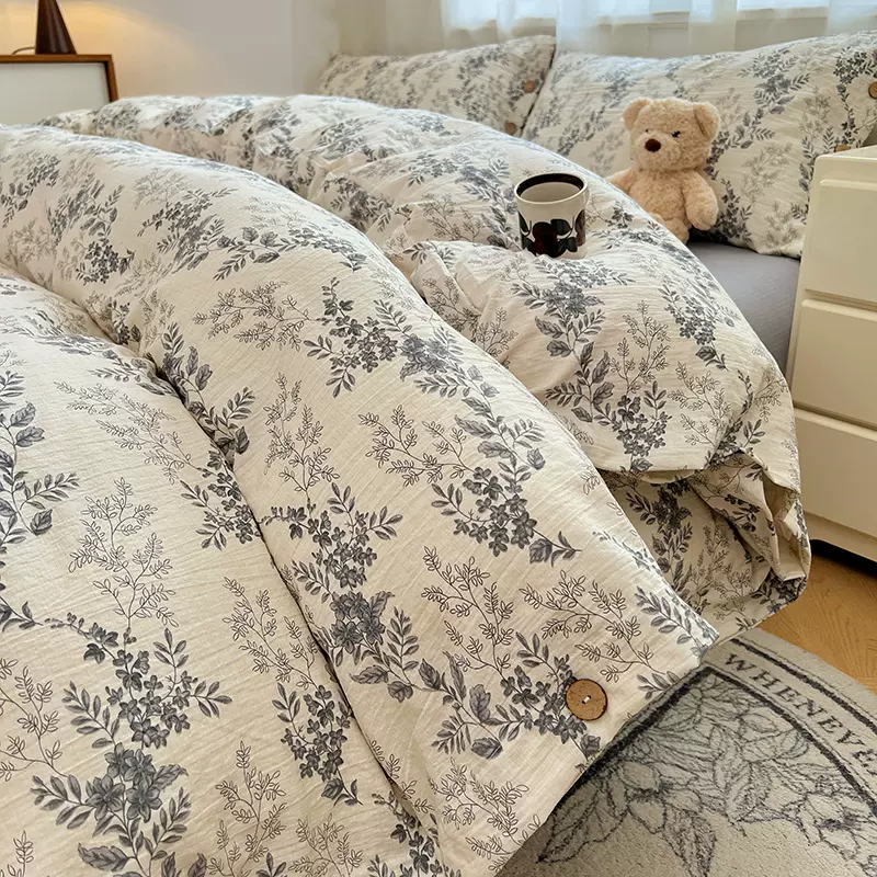 新款A类加厚原麻四件套碎花复古纽扣款纯棉床单床笠款亚麻三件套